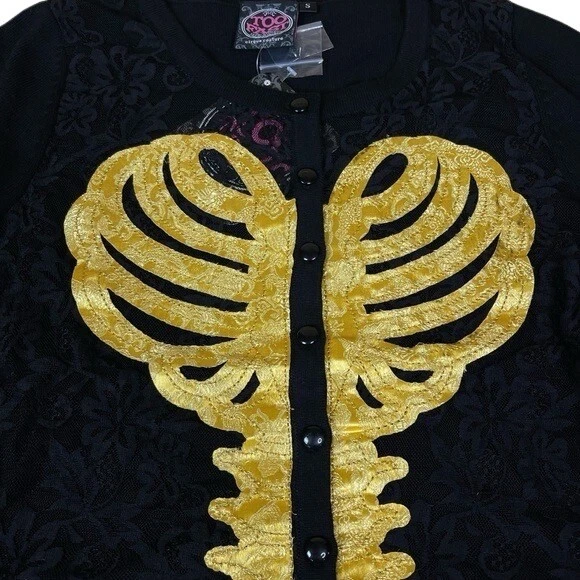 Too Fast Gold Skeleton Ribs Goth Witch Emo Black Cardigan Sweater S - Image 3 of 4