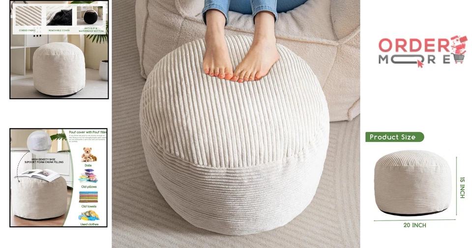 Puf redondo de pana otomano 20x15 relleno de espuma taburete de pie esponjoso sala de estar Foto 2 de 4