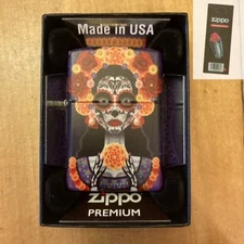 Zippo 02403 Day Of The Dead Suger Skull Woman 540 Color Lighter + FLINT PACK
