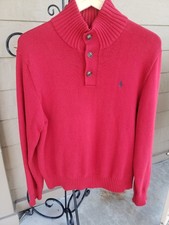 Polo Ralph Lauren Mock Neck Red Pullover Sweater Men's Medium Cotton 3 Buttons
