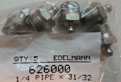 (5) Edelmann 626000 Grease Fitting 1/4 Pipe x 31/32, Pack of Five