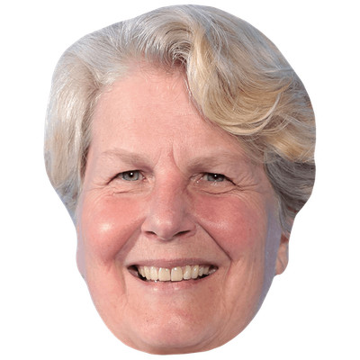 Sandi Toksvig (graue Haare) großer Kopf. Größer als das Leben Maske.