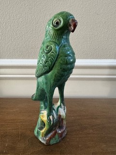 VINTAGE CHINESE GREEN PARROT SANCAI ROOF TILE ? GLAZED POTTERY FIGURE 9.25"