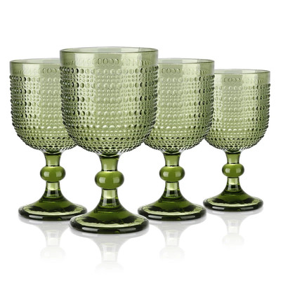 Green Hobnail Vintage Wine Goblet Glasses Set of 4 Embossed Stemmed 12 oz New