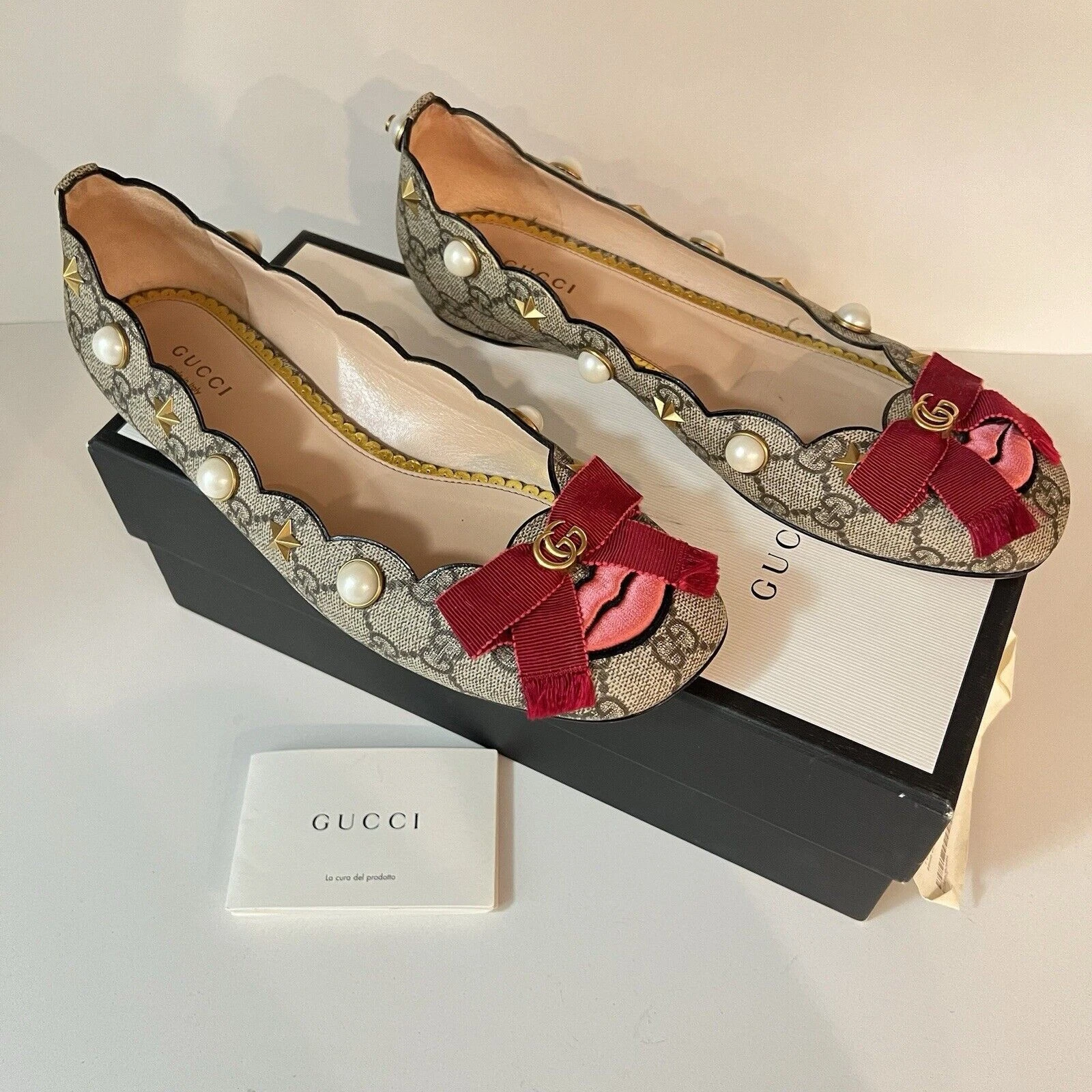 Ballerines Gucci GG monogramme Lexi Supreme Pearl Lips étoiles nœud marron taille EU 39