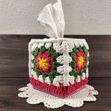 Handmade Granny Square Crochet Tissue Box Cover Pink Green Flower Cottagecore