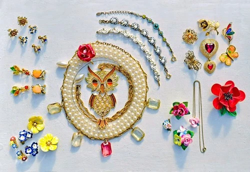 Huge Vintage Gold Tone Art Deco Costume Jewelry Lot—Bone China—Brooches—Estate