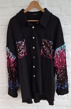 Chic Me Black Denim Raw Hem Jacket With Sequinned Embellishment  XL  UK 18 20