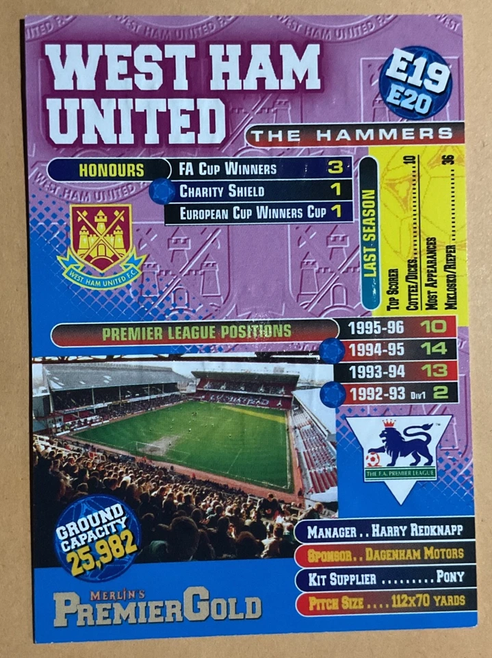 Merlin's Premier Gold West Ham Utd Crest Badge 1996/97 Football Trading Card E19 - Image 2 of 2