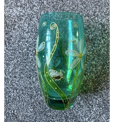 Julie Child Green Glass Oval Vase Floral Bee Design, Glossy Finish, 14cm - Image 1 of 4