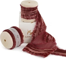 Rust Red Velvet Ribbon 1 Inch Frayed Silk Velvet Ribbon Fringe for Gift Wrapping