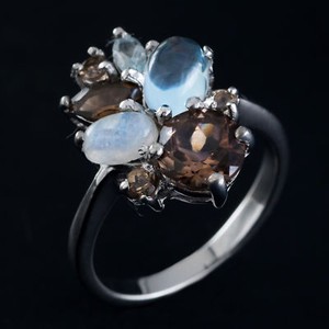 100-NATURAL-7MM-SMOKY-QUARTZ-TOPAZ-amp-RAINBOW-MOONSTONE-SILVER-925-RING-SIZE-7