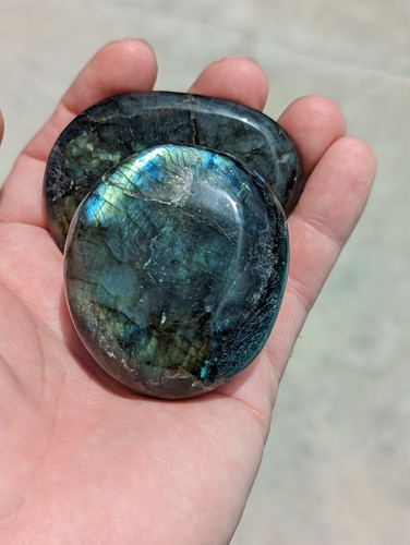 Three Polished Blue Purple Flash Natural Labradorite Palm Stone Crystal Quartz - Picture 12 of 12