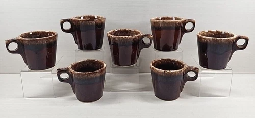 7 Hull Brown Drip Mugs Set Vintage House Garden Mirror Glazed Pottery Retro Lot