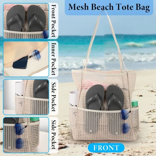 Multi Pockets Summer Beach Bag For Towels Mesh Durable Travel Handbag Organizer - Picture 5 of 10