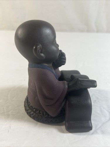 Signed Buddha Boy Figurine w/Book Violet Ceramic Earthenware 4x4x3" Statue - Picture 2 of 7
