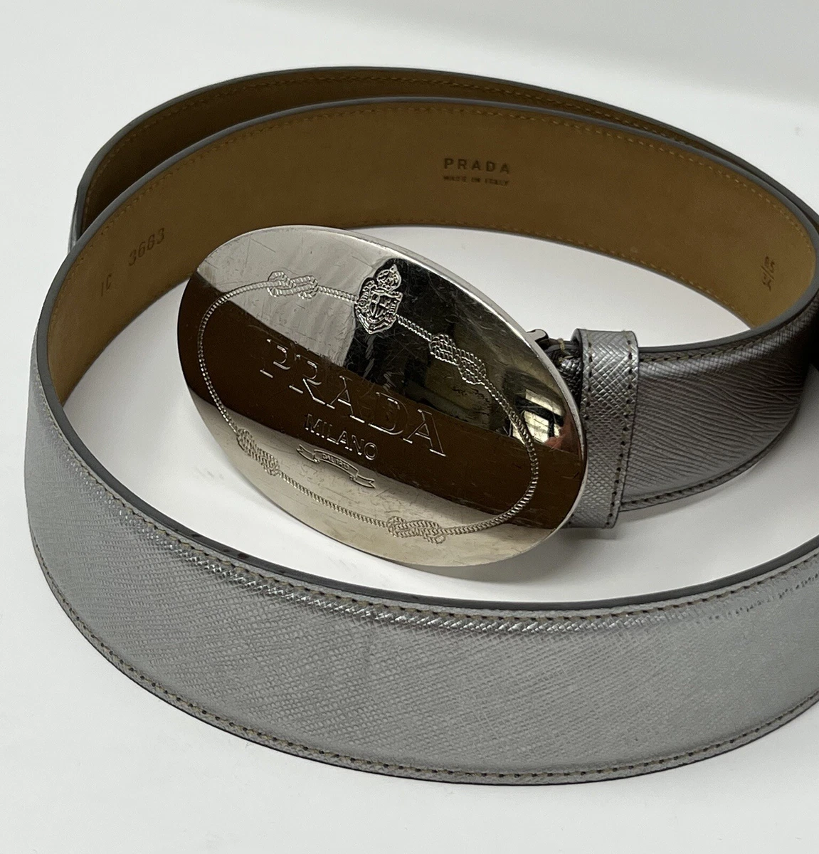 Prada Gray/Bronze Leather Belt with Silver Oval Logo Buckle Prada Savoia Crest Vintage Buckle Belt Brown Croc Embossed  main image 2
