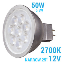 25  Narrow Flood LED 6.5W 50W 12V MR16 2-Pin BiPin GU5.3 Silver 2700K Warm White