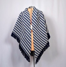 Vintage Golet Original Wool Triangle Shawl Navy  White Geometric Woven 1960s