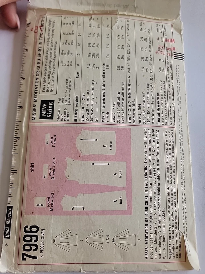 1968 Simplicity Guru Shirt Pattern Misses 7996 Size 10  Vintage Original - Image 2 of 2