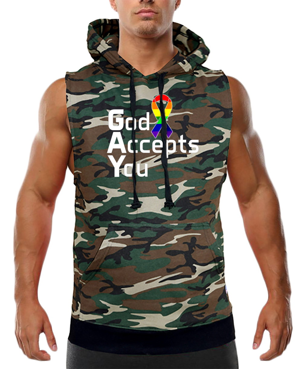 Mens Rainbow Ribbon God Accepts You Camo Sleeveless Vest Hoodie Gay Lesbian V203 Mens Rainbow Ribbon God Accepts You Camo Sleeveless Vest Hoodie Gay Lesbian V203
