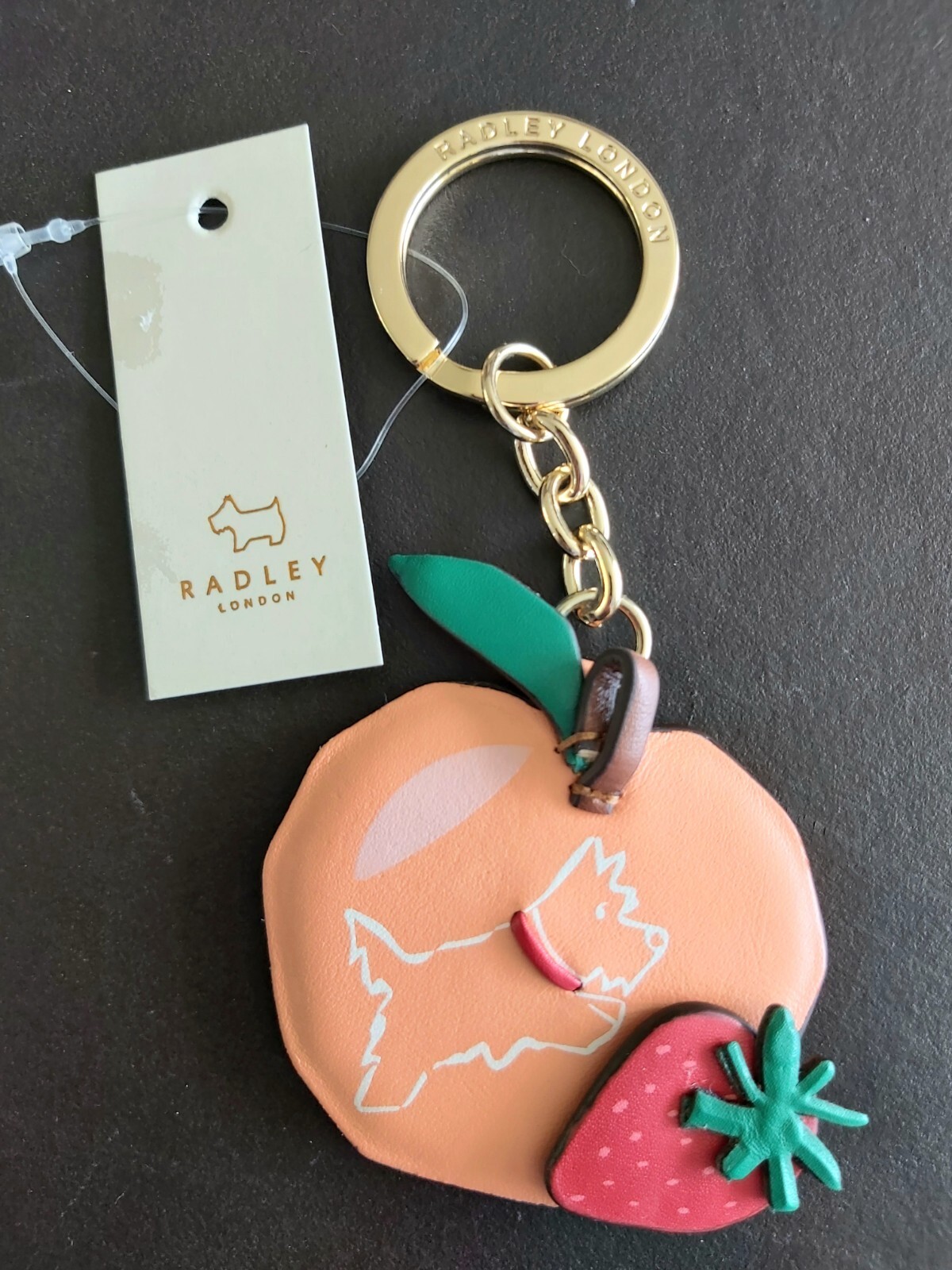 Genuine RADLEY Peach & Strawberry Leather DOGS KEYRING & FOB SUPERB !! New Rad2