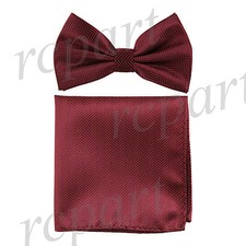 Men's Pre-tied Bow Tie  hankie set herringbone burgundy wedding party prom