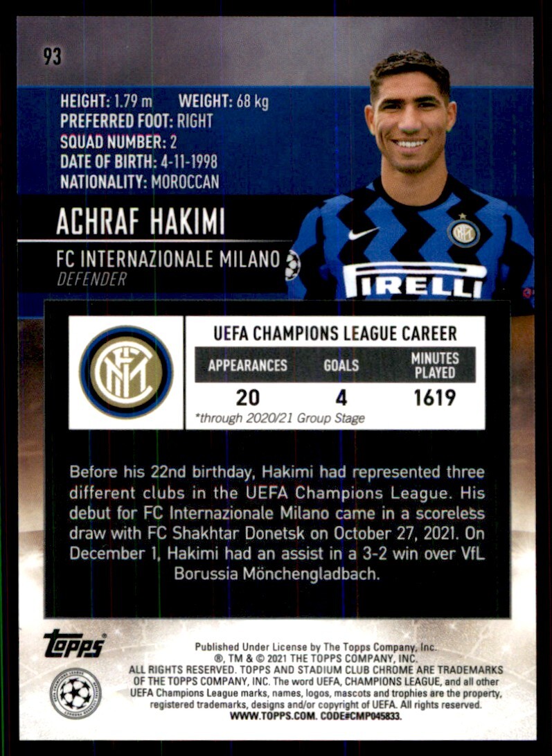 2020 Stadium Club Chrome UEFA Achraf Hakimi #93 | eBay