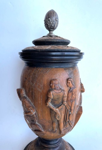 Antique Chalice Wooden Carved History Historied Scene Silver Handle - Picture 7 of 12