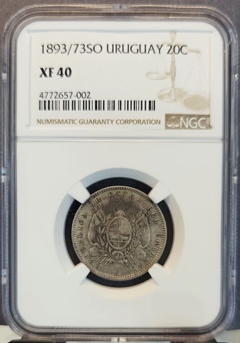 1893/73 SO URUGUAY SILVER 20 CENTAVOS 20C NGC XF 45 NICE OVERDATE LOW MINTAGE