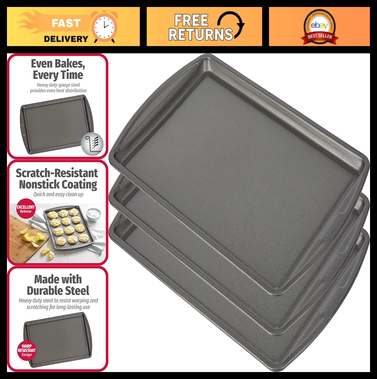 Nonstick Carbon Steel Baking Sheet Set - 3 Pack, 13"x9" Cookie Sheets, Oven Pans