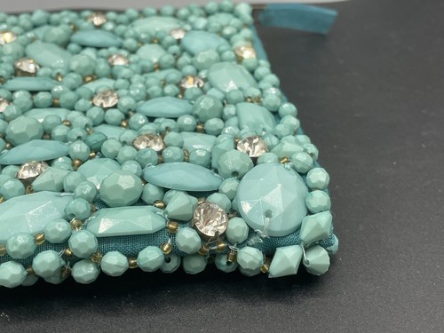 Vintage Beaded Clutch Purse Plastic Turquoise Color & Clear Sewn On Stones Read - Picture 20 of 20