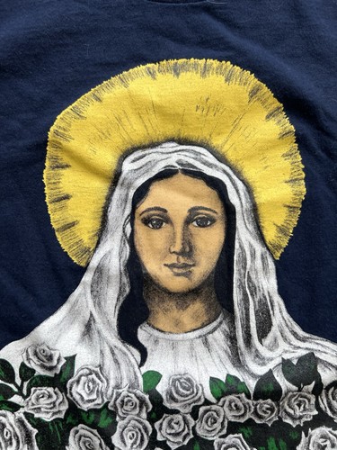 Vintage 90s Virgin Mary Religious God Jesus Christ Navy Blue Tee Shirt Sz L - Picture 6 of 15