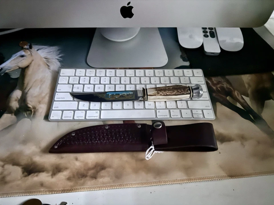 Винтажный Henley & Co Германии олень нож с цветной кемпинг сцены A + состояние товара - Изображение 2 из 4