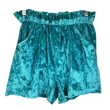 Rowdy Crowd Vetiver Velvet Velour Paperbag Shorts Sz L Blue Western Cowgirl