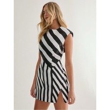 Nasty Gal Abstract Striped Structured Satin Shoulder Pad Split Mini Dress size 2