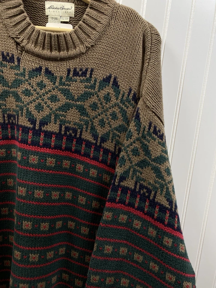 Vintage 90s Eddie Bauer Cotton Crewneck Sweater Men’s 2XL Fair Isle Pattern Cozy - Image 2 of 4