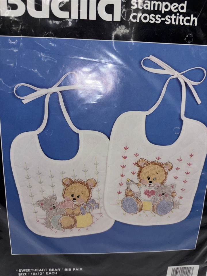 Vintage Bucilla #40449 SWEETHEART BEAR Stamped Cross Stitch Bibs Pair Kit SEALED - Image 2 of 4