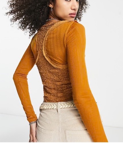 Free People Taylor Top Size Small S Orange Brown Rust Lace Details Layered - Picture 2 of 12