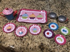 Schylling Cupcake Tin Tea Set 2012 14190V Teapot Tray Cups Plates Pretend Play