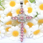 Buy 2 get 1 free Long Cross 7g Created Pink Morganite CZ Women Silver Pendant