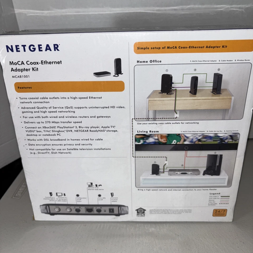 MoCA Coax Ethernet Adapter Kit MCAB1001 Netgear AV Series 270 Mbps New Sealed - Image 3 of 4