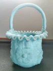 Gorgeous Fenton Blue Satin Glass EMBOSSED POPPY Flower BASKET Ruffled Rim