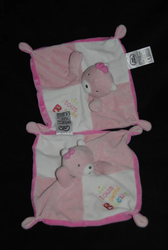 Lot 2 🍀Doudou Plat Ours Rose Blanc MOTS D'ENFANTS Des Tous Petits Bisous Chat - Photo 4/4