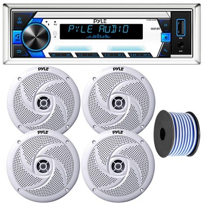 Pyle PLMRL50WB 1-Din Receiver + Remote, 4x 8'' 320W 2Way Speakers (White) + Wire
