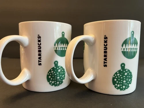 Starbucks Christmas Tree Ornament Coffee Mugs Set of 2 Green White 2016 12 oz