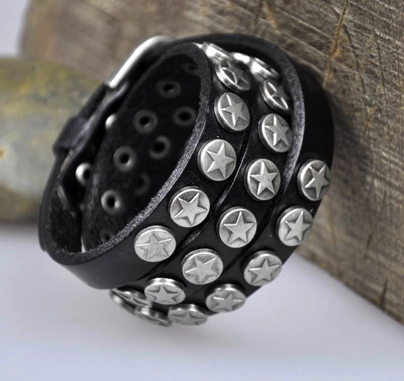 S392 Cool Triple Wrap Metal Stars Studded Genuine Leather Bracelet