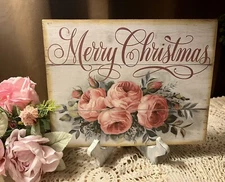 Shabby Chic Merry Christmas,  Pink Roses,  Handcrafted Plaque /  Sign