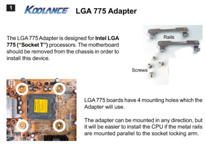 Koolance BKT-CP003K	Adapter, Intel Socket 775 (Rails Only)