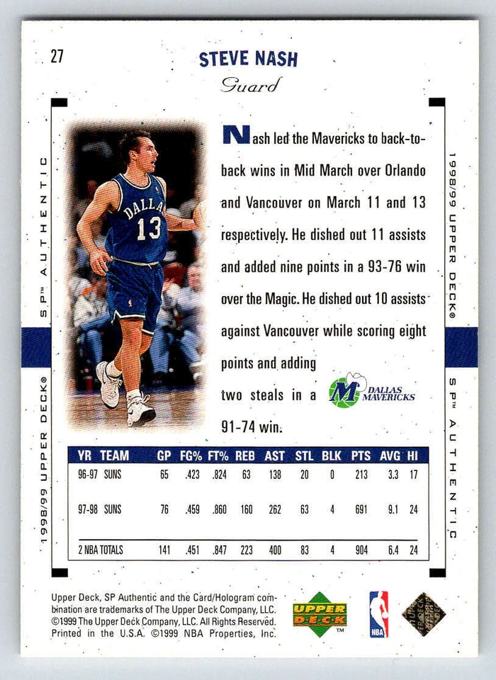 1998-99 SP Authentic #27 Steve Nash (ref 219998) - Image 2 of 2